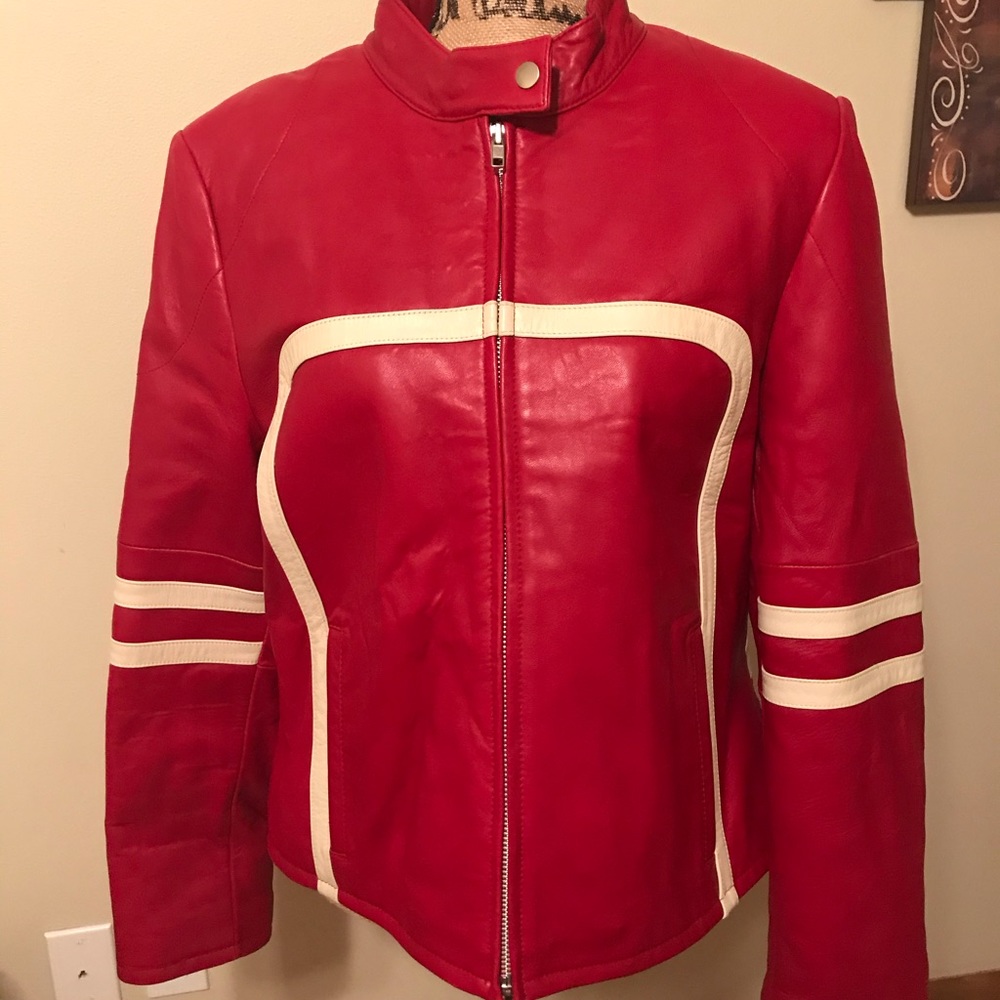 Soft leather red moto jacket. Wilson’s leather